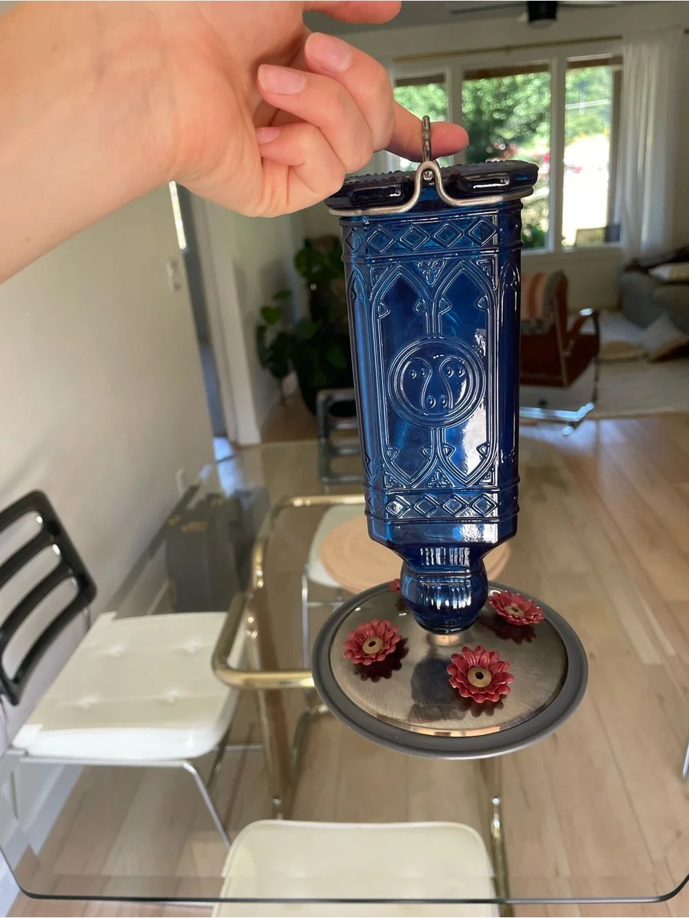 Cobalt Blue Glass Hanging Hummingbird Feeder - Home Accents